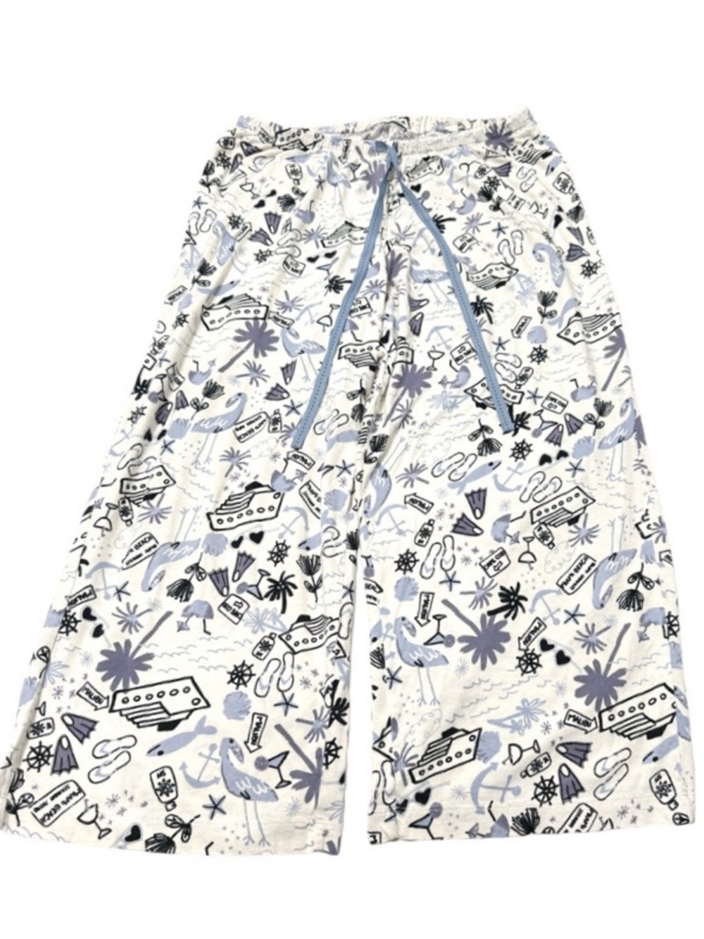 HUE Pajama Bottoms Lounge Pants Cropped Beach Print Off White Blue Black Size S